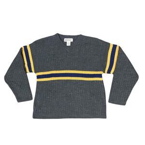 Vintage BADGE Striped V Neck Sweater Small Gray Yellow Blue 90s Prep Knit -